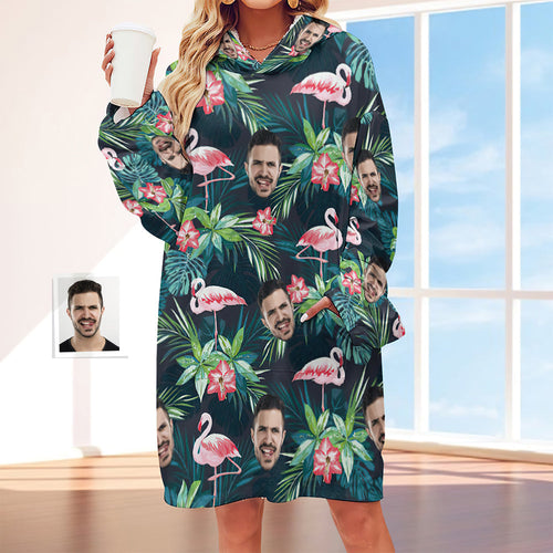 Custom Face Adult Unisex Blanket Hoodie Personalized Blanket Pajama Gift Hawaiian Flamingos - SantaSocks