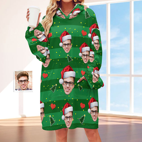 Custom Face Adult Unisex Blanket Hoodie Personalized Blanket Pajama Gift Merry Christmas - SantaSocks