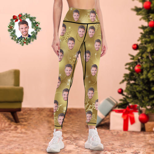 Custom Leggings Yoga Pants Personalized Photo Legging for Woman Christmas Gifts Golden Snowflake