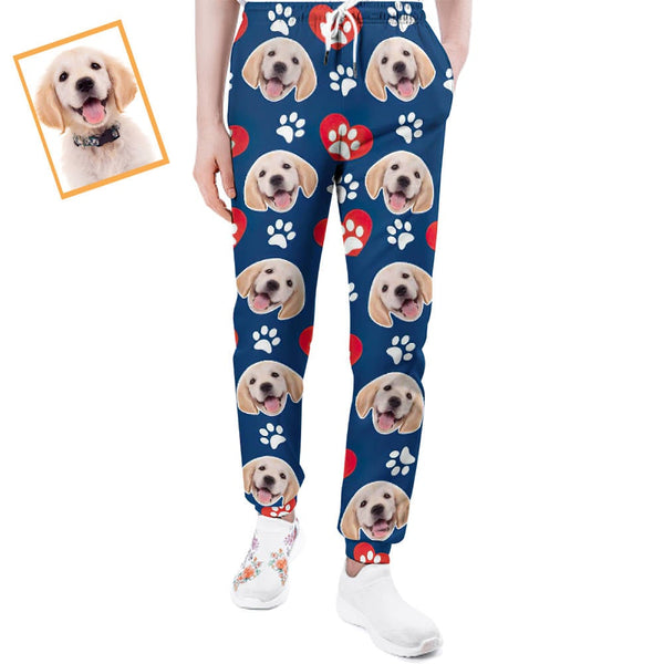 Custom Dog Face Sweatpants Unisex Joggers with Heart Pattern Paw