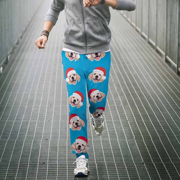 Custom Face Sweatpants Unisex Joggers with Christmas Hat Christmas Gift