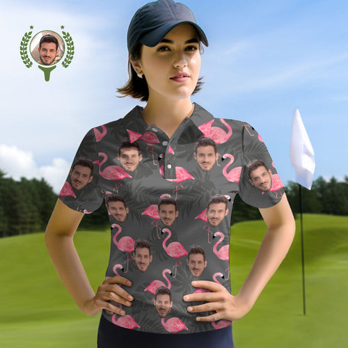 Custom Face Women Polo Shirts Personalized Flamingo and Monstera Leaves