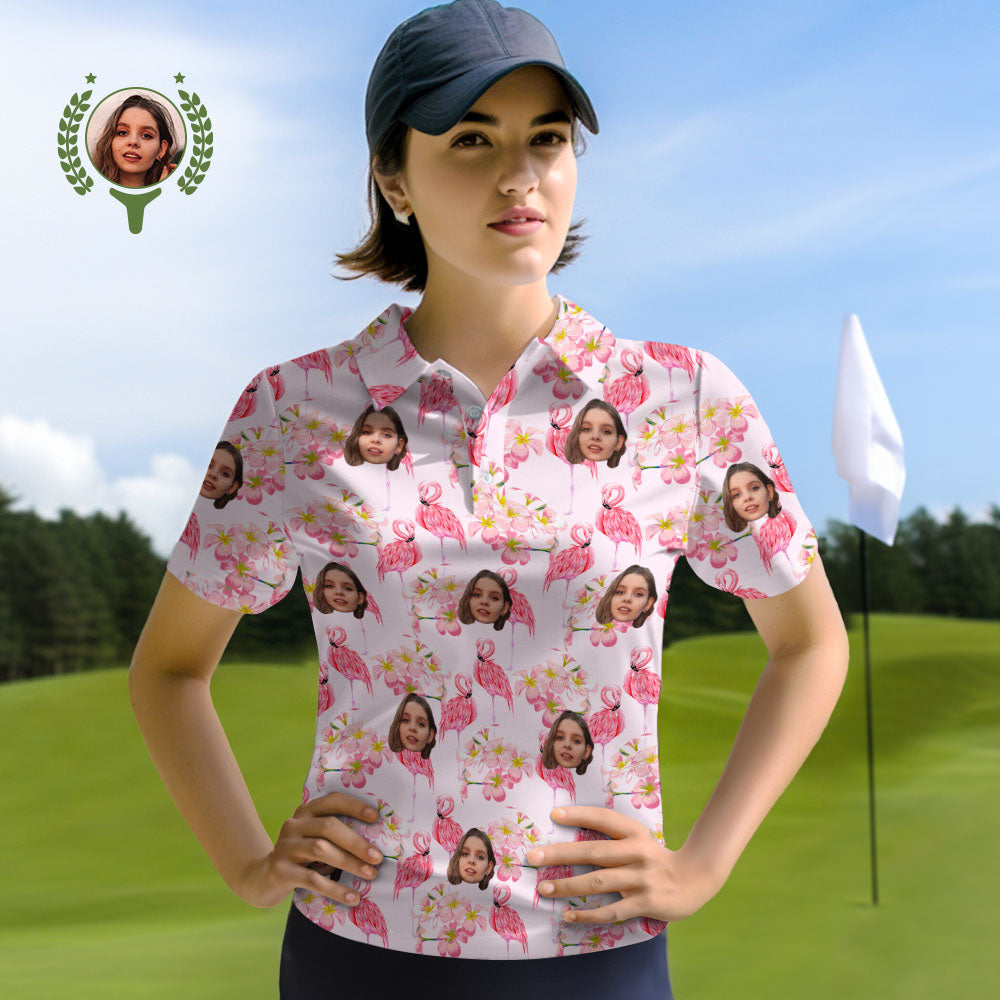 Custom Face Women Polo Shirts Personalized Pink Flamingo Leaves