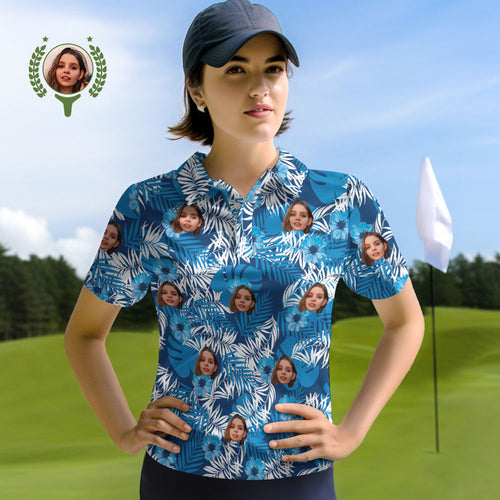 Custom Face Women Polo Shirts Personalized Photo Shirt Blue Flowers