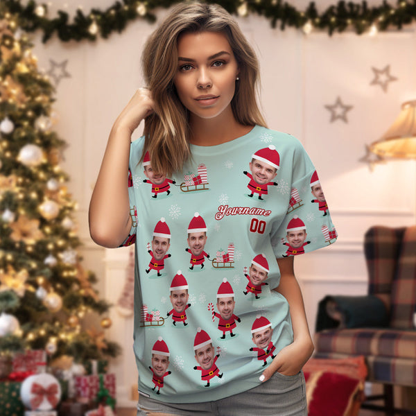 Custom Face and Text T-shirt Christmas Gifts Santa Face Christmas T-shirt