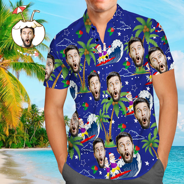 Custom Face Shirt Personalized Photo Men's Hawaiian Shirt Christmas Gift - Surfing Santa