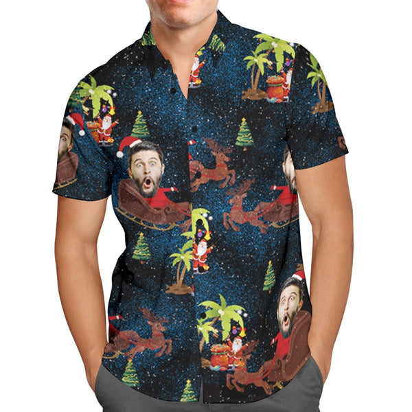 Custom Face Personalized Christmas Hawaiian Shirt Reindeer Pulling a Sleigh Christmas Gift