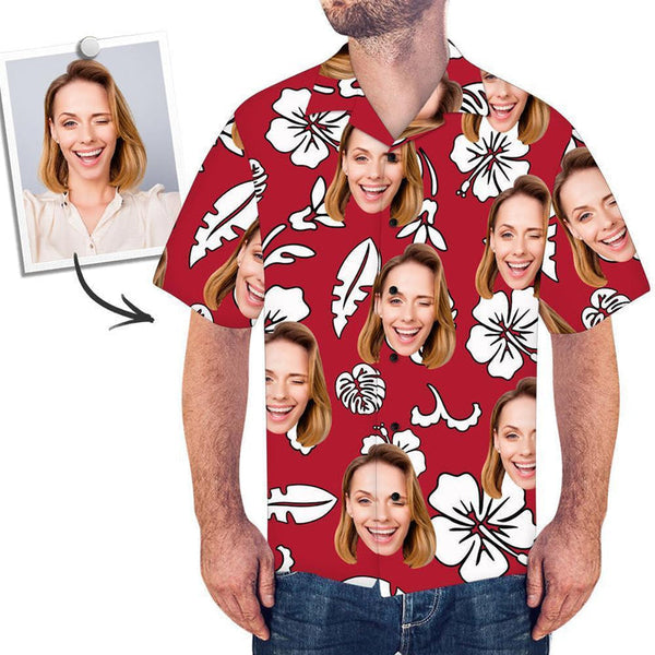 Custom Face Hawaiian Style Red Long Dress And Shirt Couple Outfit White Flowers Design