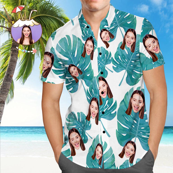 Custom Dog Face Hawaiian Shirt Custom Tropical Shirts Green Leaves Beach Shirt