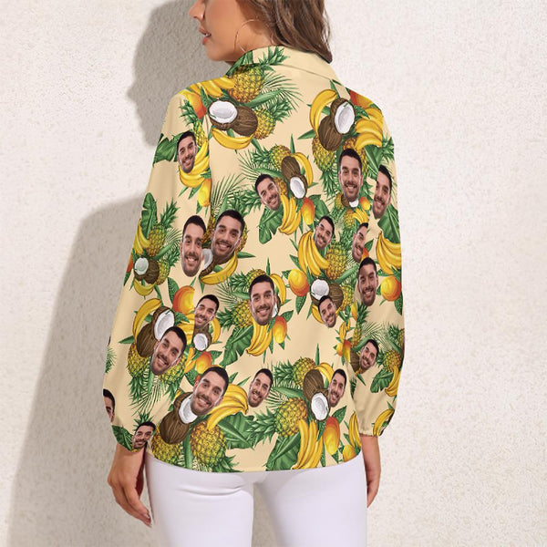 Custom Pet Face Hawaiian Shirts Tropical Fruit Long Sleeves Hawaiian Shirts for Women
