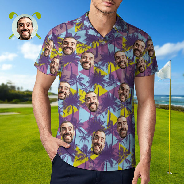 Men's Custom Face Polo Shirt Colorful Coconut Trees Personalized Hawaiian Golf Shirts