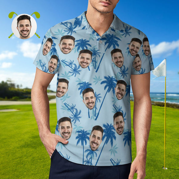 Men's Custom Face Polo Shirt Personalized Light Blue Hawaiian Golf Shirts