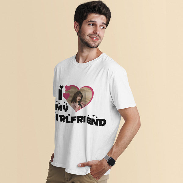 Custom Photo T-Shirt I Love My Girlfriend/Boyfriend Personalized Couple T-shirt Pink Heart