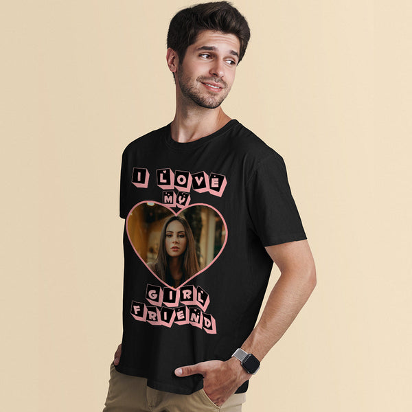 Custom T-Shirt Personalized Couple Photo T-shirt Pink Heart I Love My Girlfriend/Boyfriend