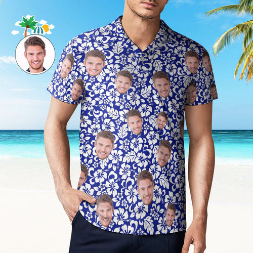 Custom Face Polo Shirt For Men Personalized Blue Hawaiian Golf Shirts