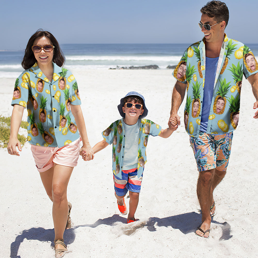 Custom Photo Hawaiian Shirt Parent-child Wears Personalised Face Hawaiian Shirt Gift Big Pineapple