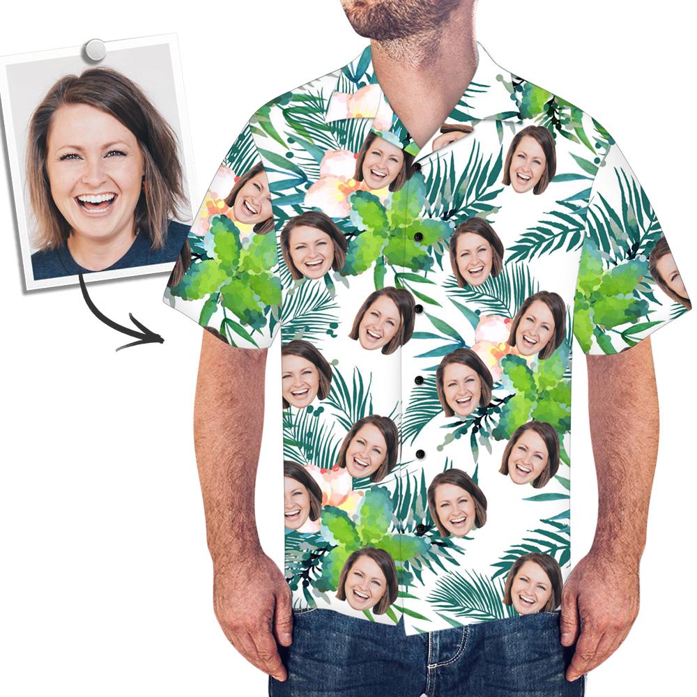 Custom Face Shirt Men's Hawaiian Shirt Green Flower