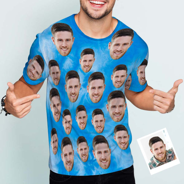 Custom Face Men's T-shirt Personalized Photo Funny Tie Dye T-shirt Gift For Men Blue - SantaSocks