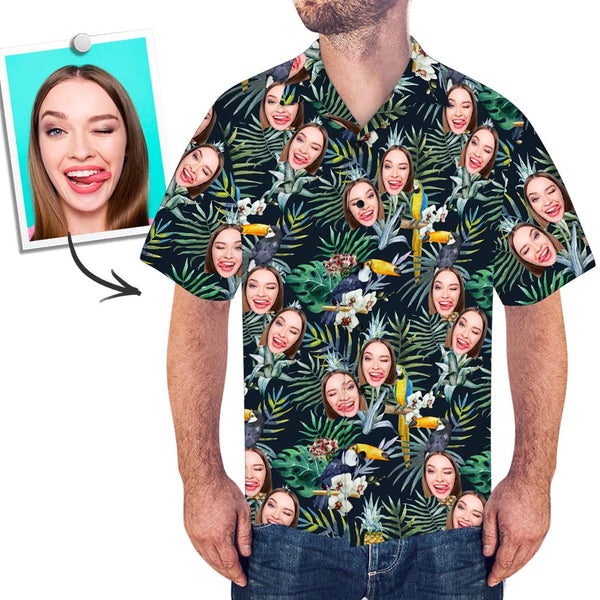 Custom Face Shirt Men's Hawaiian Shirt Leaves And Birds
