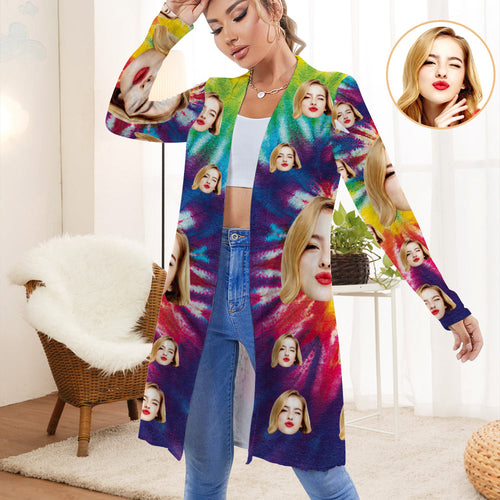 Personalized Face Rainbow Color Cardigan Women Long Sleeve Open Front Cardigans