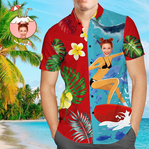 Custom Photo Shirt Hawaiian Shirt Funny Girlfriend Face Shirt - Surf