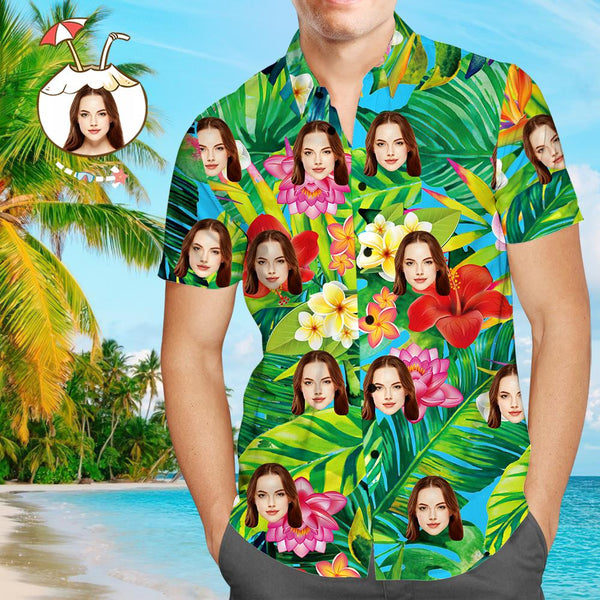 Custom Face Shirt Personalized Photo Men's Hawaiian Shirt Men's Hawaiian Shirt Green Leaves and Flowers