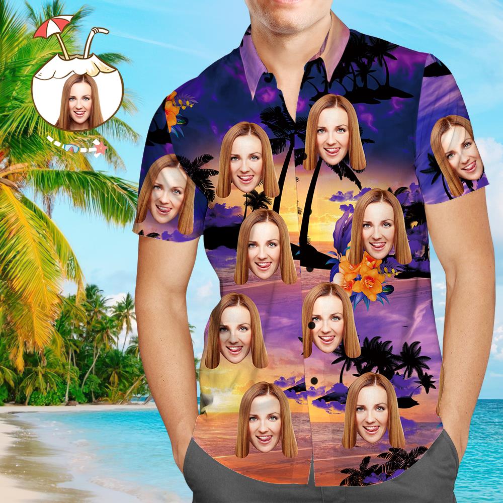 Custom Face Shirt Personalized Photo Men's Hawaiian Shirt Men's Hawaiian Shirt Purple Sunset