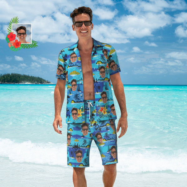 Vice City Custom Face Hawaiian Shirt And Beach Shorts Set Personalized Men's Photo Gang Style Set Vacation Party Gift
