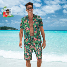 Custom Face Leaves & Flowers Hawaiian Shirt And Beach Shorts Set Personalized Men's Photo All Over Print Set Vacation Party Gift