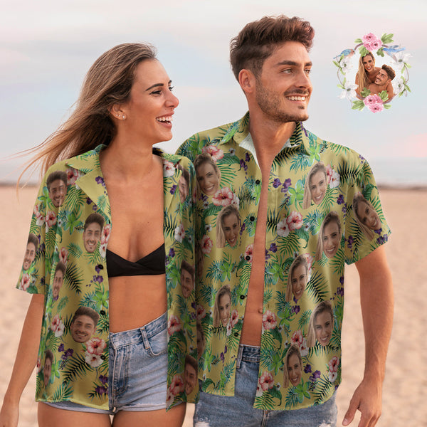 Custom Face Couple Matching Hawaiian Shirts Flowers Design Valentine's Day Gift