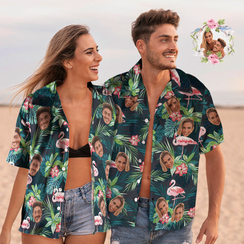 Custom Face Couple Matching Hawaiian Shirts Flamingo Flower Valentine's Day Gift
