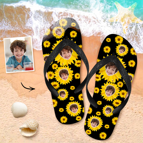 Custom Face Flip Flops Personalized Photo Flip Flops Summer Beach Slide Sandals - Small Sunflower