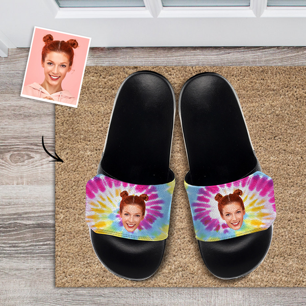 Custom Face Slide Sandals Personalized Velcro Slide Sandals Gifts Go To The Beach Holiday Gifts - Tie Dye
