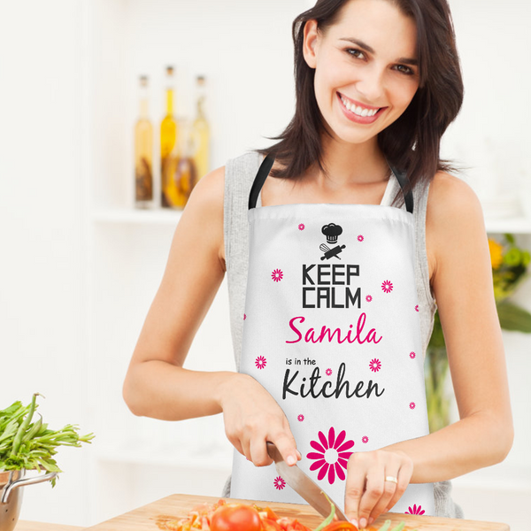 Custom Cooking Apron For Mom Flowers With Your Name - Keep Calm In The Kitchen