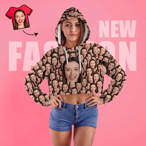 Custom Face Women's Cropped Hoodie Casual Printed Photo Pullover - Big Face