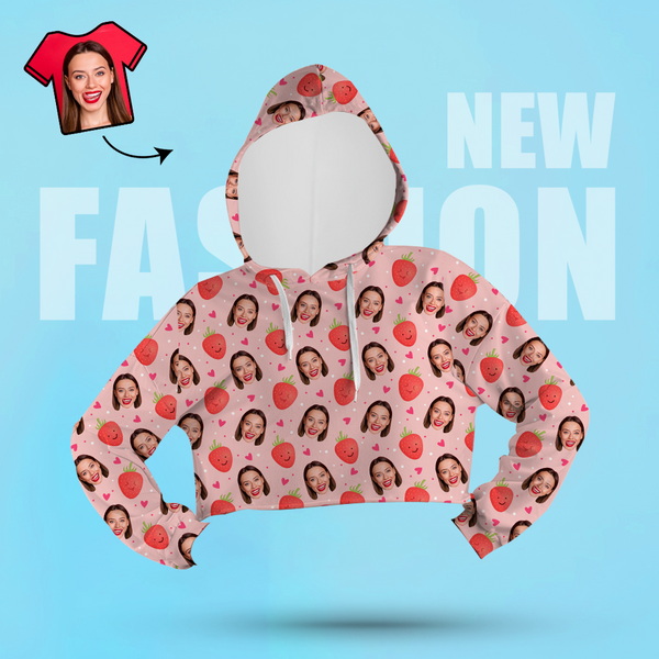 Custom Face Women's Cropped Hoodie Casual Printed Photo White Pullover - Strawberry