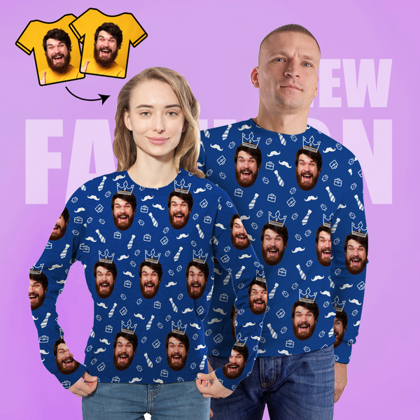 Custom Face Unisex Sweatshirt Casual Printed Photo Blue Crewneck Shirt For Men Women - Happy Father