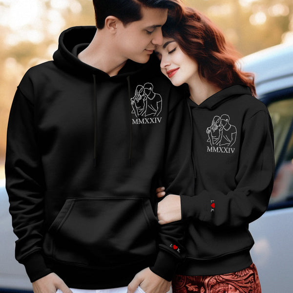 Custom Embroidered Photo Outline Hoodie With Roman Numerals Sweatshirt Gifts For Couples