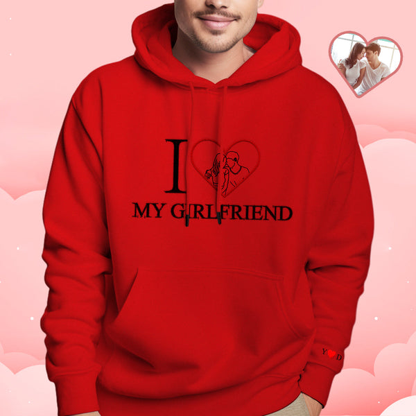 Personalized Embroidered Photo Outline Hoodie Red Heart Custom Picture Portrait Sweatshirt Valentine Gift