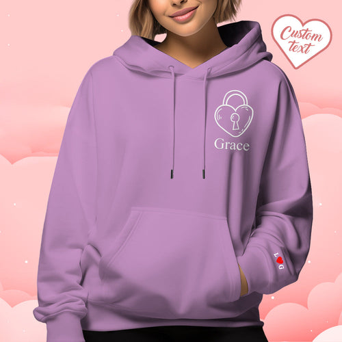 Custom Text Embroidered Hoodie Stylish Heart Key And Lock Set Sweatshirt Valentine Gift For Couples