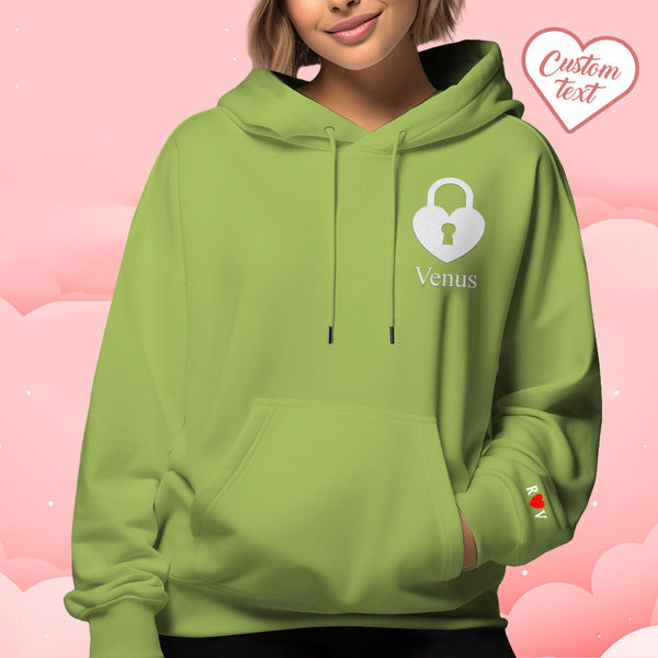 Personalized Text Embroidered Hoodie Meaningful Heart Key And Lock Set Couple Sweatshirt