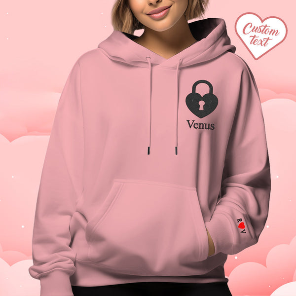 Personalized Text Embroidered Hoodie Sweet Heart Key And Lock Set Sweatshirt Valentine Gifts For Couples