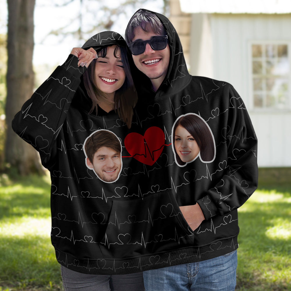 Custom Face Couple's Heartbeat One Piece Sweatshirt Photo Intimate Hoodie Gift For Love