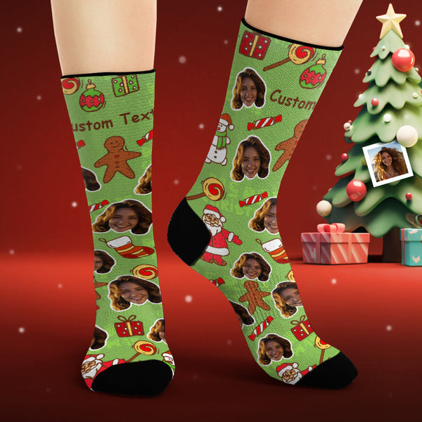 Custom Face Socks Personalized Photo Green Socks Christmas Gifts
