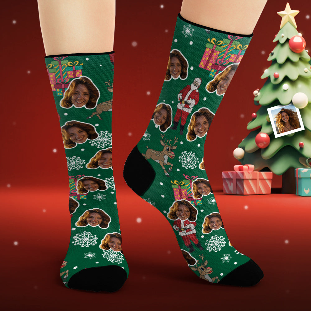 Custom Face Socks Personalized Photo Green Socks Santa Claus and Gifts Merry Christmas