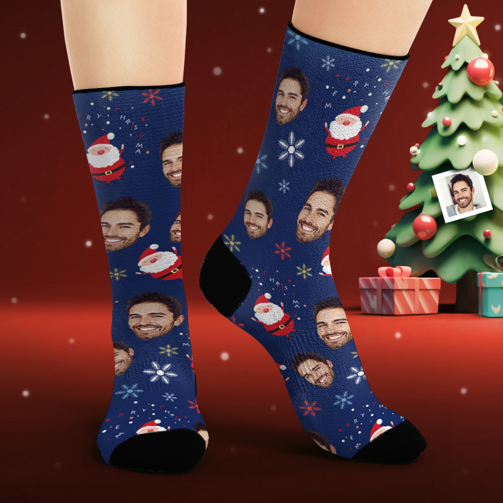 Custom Face Socks Personalized Photo Blue Socks Cute Santa Claus