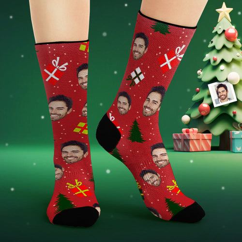 Custom Face Socks Personalized Photo Red Socks Christmas Tree and Gifts