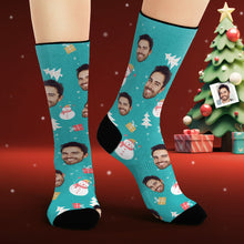Custom Face Socks Personalized Photo Blue Socks Snowman Merry Christmas