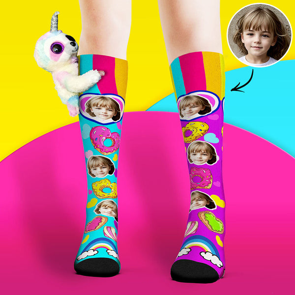 Custom Socks Knee High Face Socks Sloth Doll Colorful Donut Socks