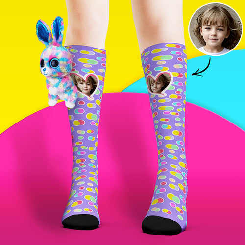 Custom Socks Knee High Face Socks Rabbit Doll Colorful Polka Dot Socks
